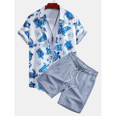 Turtle Print Button Up Shirt & Striped Swim Shorts - 2 Piece Summer Outfit