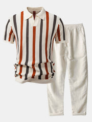 Striped Knit Johnny Collar Polo & Straight Leg Linen Pants - 2 Piece Smart Casual Outfit