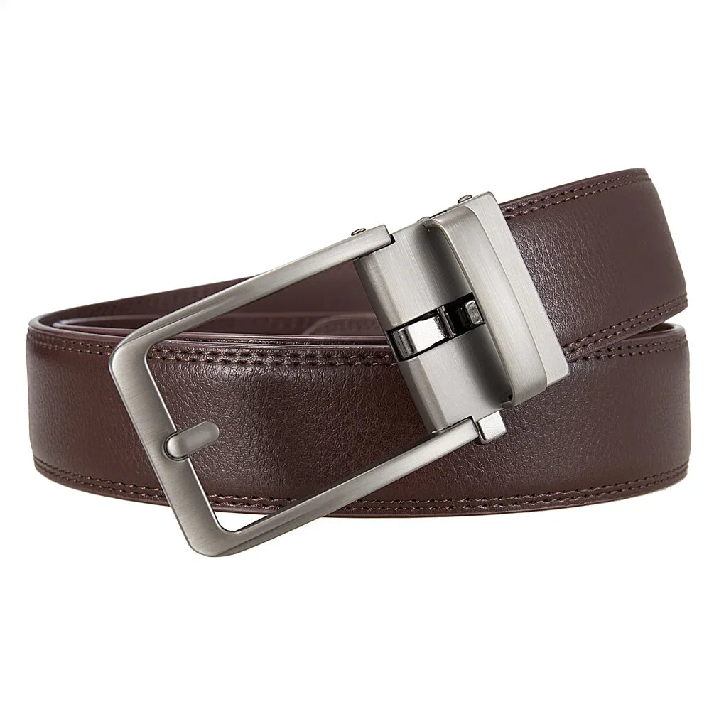 Brown ratchet belt, side view of the buckle