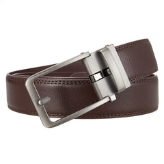 Brown ratchet belt, side view of the buckle