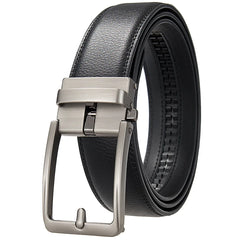 Black ratchet belt with brushed metal pin-style buckle