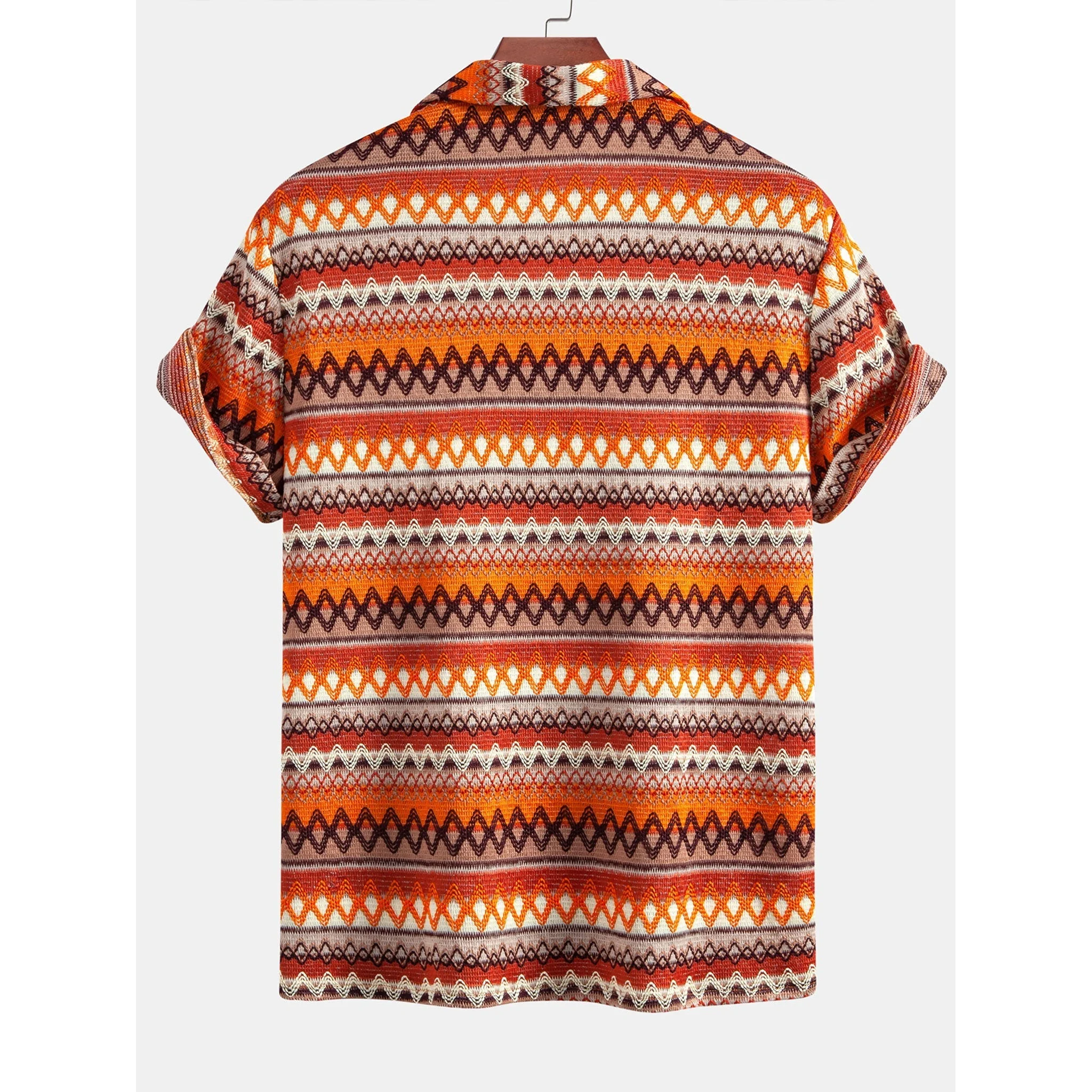 Short-sleeve shirt with a colorful geometric pattern on a white background