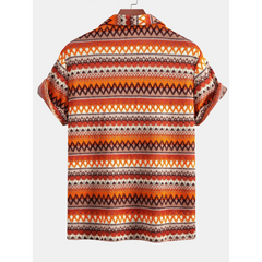 Short-sleeve shirt with a colorful geometric pattern on a white background
