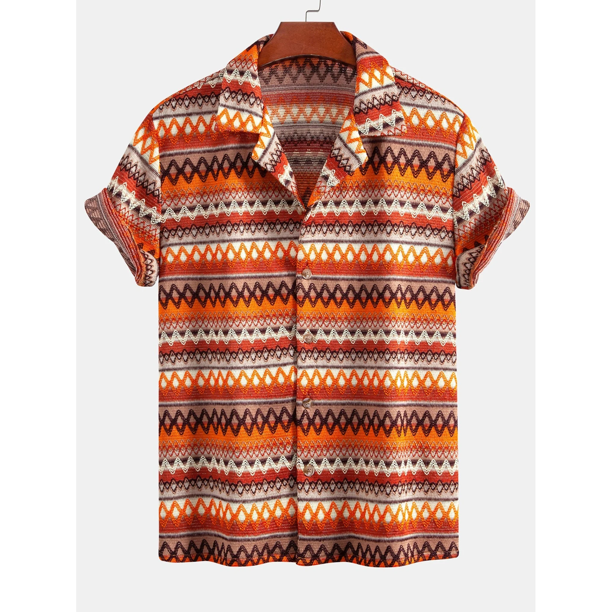Short-sleeve shirt with a colorful geometric pattern on a white background