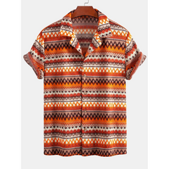 Short-sleeve shirt with a colorful geometric pattern on a white background