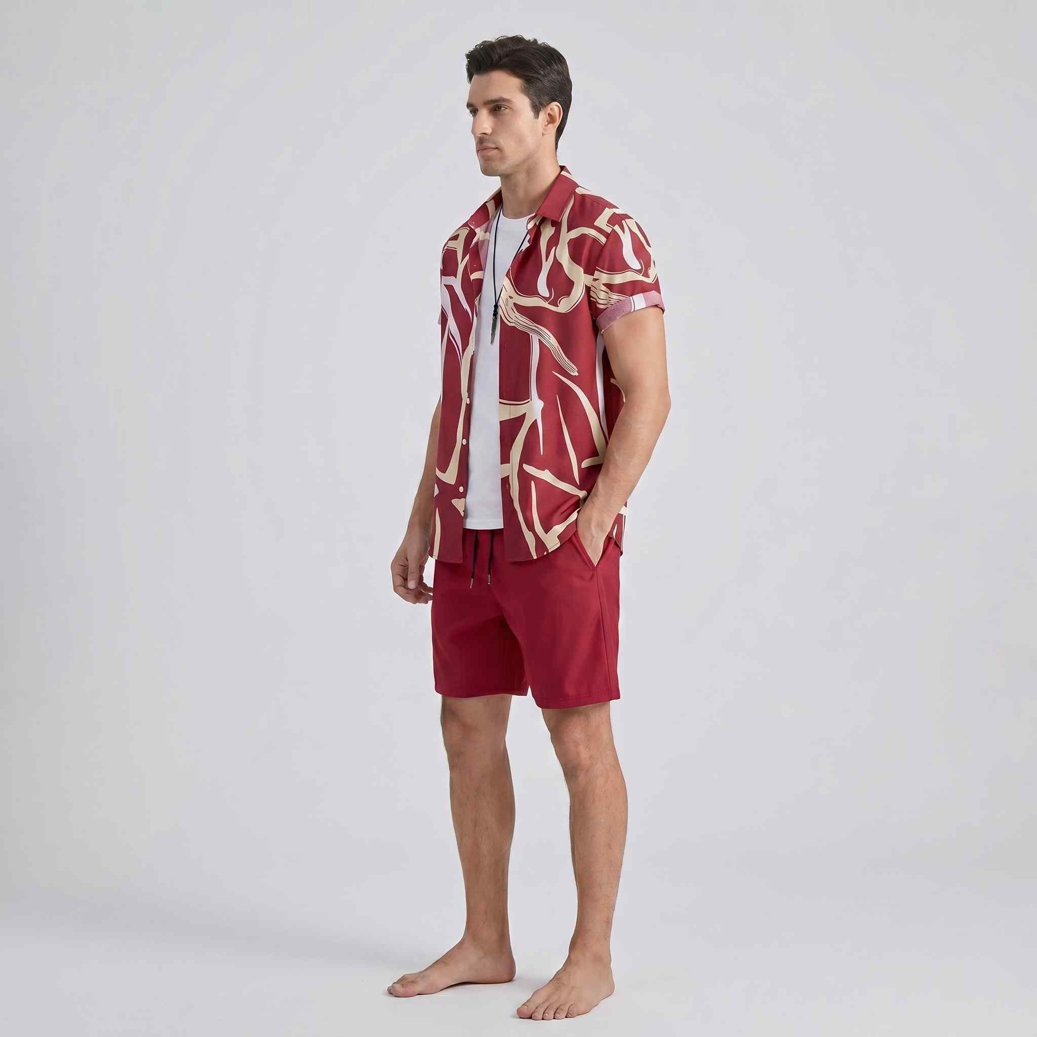 Side profile of men’s abstract print beachwear outfit