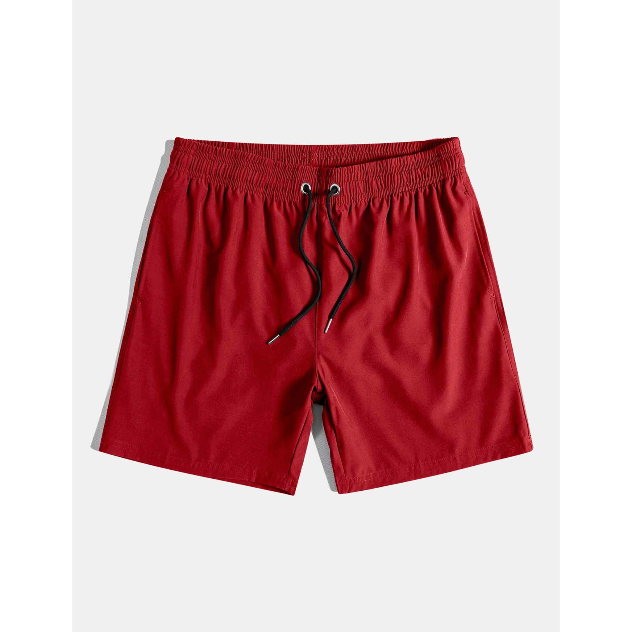 Solid red drawstring swim shorts flat lay front view