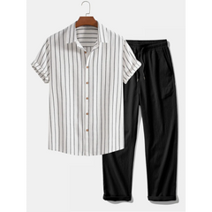 Striped shirt and black pants on a white background