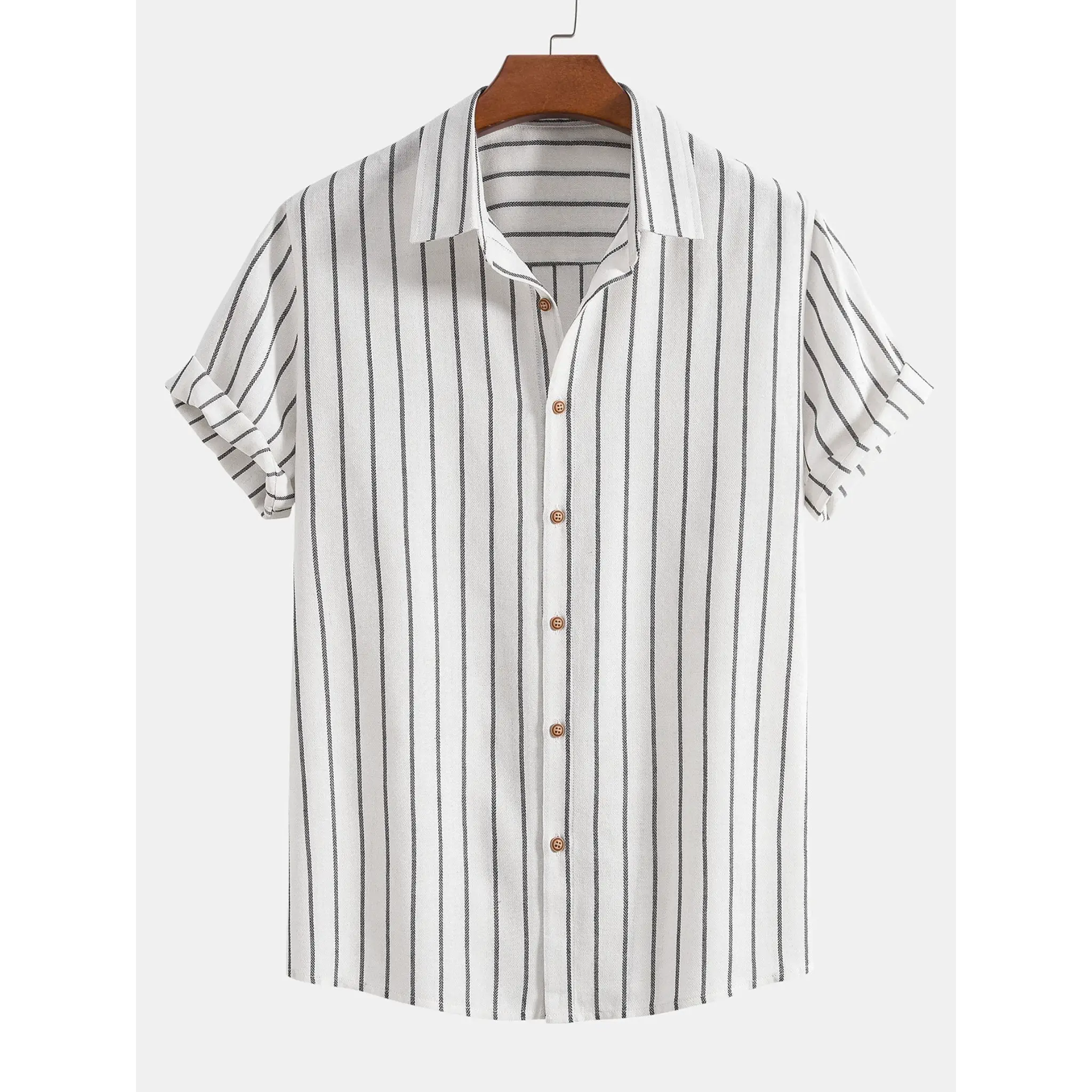 Striped shirt on a hanger against a white background
