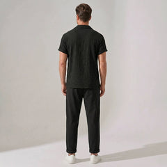 Textured Jacquard Cuban Shirt & Straight Leg Linen Pants - 2 Piece Summer Outfit