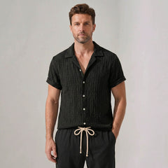 Textured Jacquard Cuban Shirt & Straight Leg Linen Pants - 2 Piece Summer Outfit