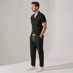Textured Jacquard Cuban Shirt & Straight Leg Linen Pants - 2 Piece Summer Outfit