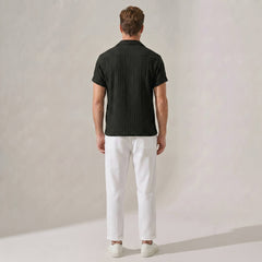 Textured Jacquard Cuban Shirt & Straight Leg Linen Pants - 2 Piece Summer Outfit