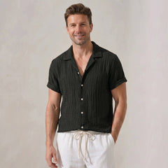 Textured Jacquard Cuban Shirt & Straight Leg Linen Pants - 2 Piece Summer Outfit