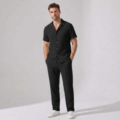 Crinkled Textured Button Up Shirt & Straight Leg Pants - 2 Piece Summer Outfit