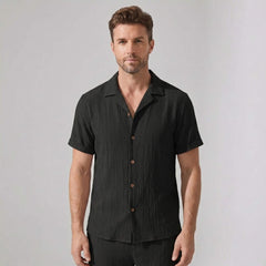 Crinkled Textured Button Up Shirt & Straight Leg Pants - 2 Piece Summer Outfit
