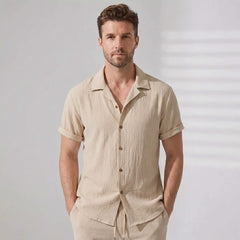 Crinkled Textured Button Up Shirt & Straight Leg Pants - 2 Piece Summer Outfit