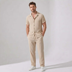 Crinkled Textured Button Up Shirt & Straight Leg Pants - 2 Piece Summer Outfit