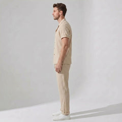 Crinkled Textured Button Up Shirt & Straight Leg Pants - 2 Piece Summer Outfit