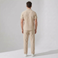 Crinkled Textured Button Up Shirt & Straight Leg Pants - 2 Piece Summer Outfit