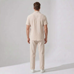 Crinkled Textured Button Up Shirt & Straight Leg Pants - 2 Piece Summer Outfit