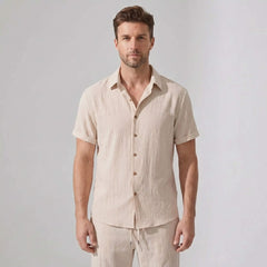 Crinkled Textured Button Up Shirt & Straight Leg Pants - 2 Piece Summer Outfit