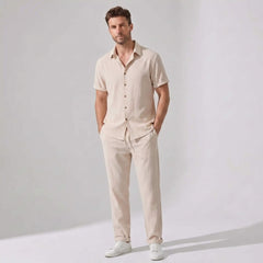 Crinkled Textured Button Up Shirt & Straight Leg Pants - 2 Piece Summer Outfit