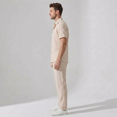 Crinkled Textured Button Up Shirt & Straight Leg Pants - 2 Piece Summer Outfit
