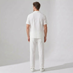 Crinkled Textured Button Up Shirt & Straight Leg Pants - 2 Piece Summer Outfit