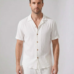 Crinkled Textured Button Up Shirt & Straight Leg Pants - 2 Piece Summer Outfit