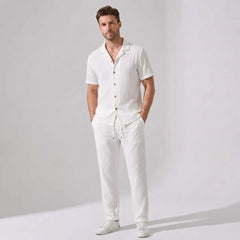 Crinkled Textured Button Up Shirt & Straight Leg Pants - 2 Piece Summer Outfit