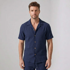 Crinkled Textured Button Up Shirt & Straight Leg Pants - 2 Piece Summer Outfit