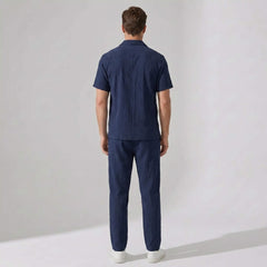 Crinkled Textured Button Up Shirt & Straight Leg Pants - 2 Piece Summer Outfit
