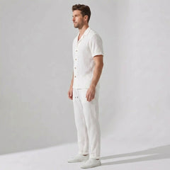 Crinkled Textured Button Up Shirt & Straight Leg Pants - 2 Piece Summer Outfit