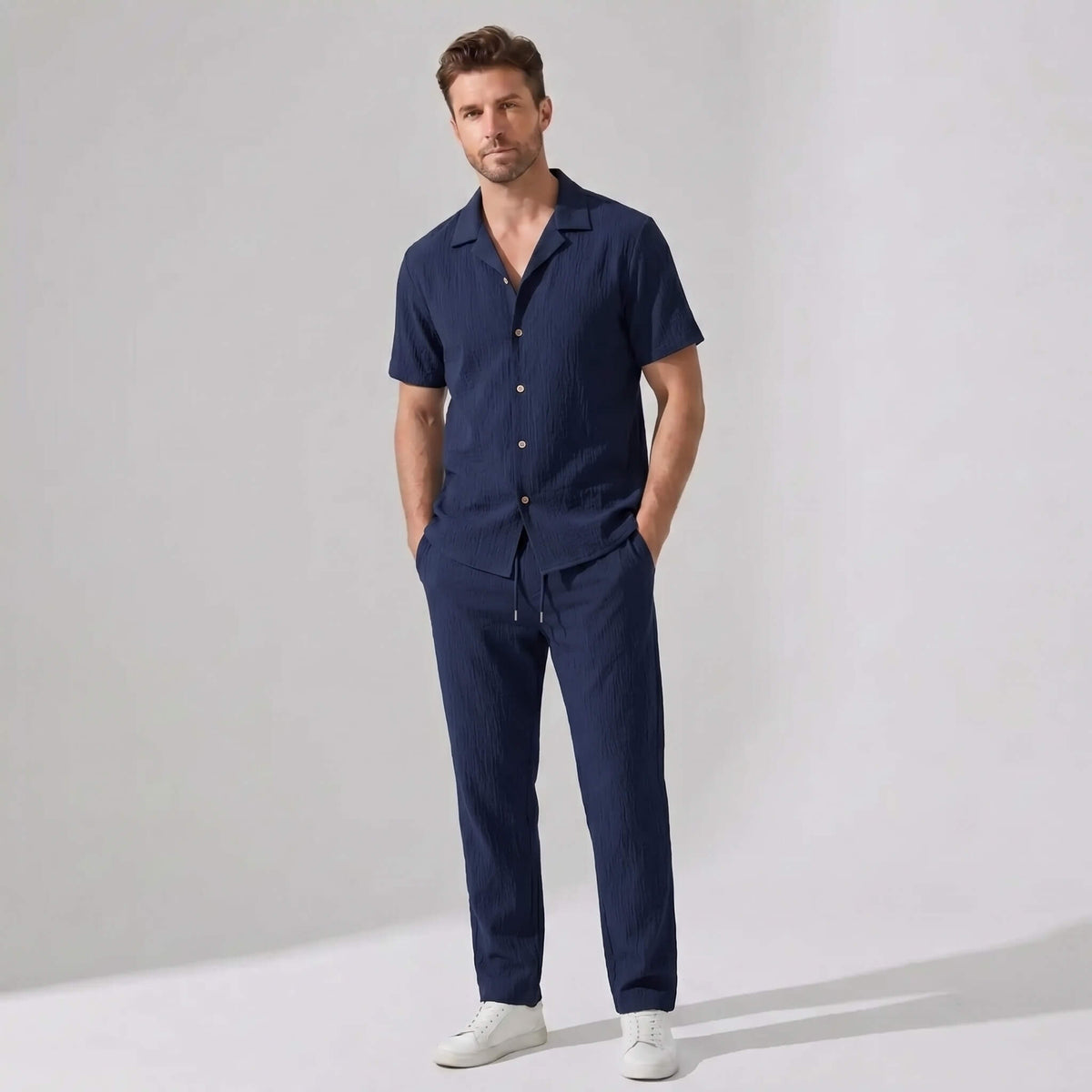 Crinkled Textured Button Up Shirt & Straight Leg Pants - 2 Piece Summer Outfit