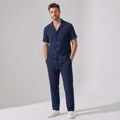 Crinkled Textured Button Up Shirt & Straight Leg Pants - 2 Piece Summer Outfit