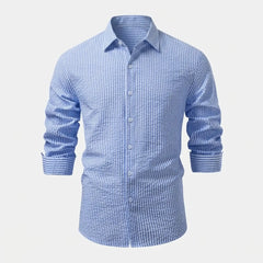 Striped Seersucker Stand Collar Shirt & Straight Leg Linen Pants - 2 Piece Smart Casual Outfit