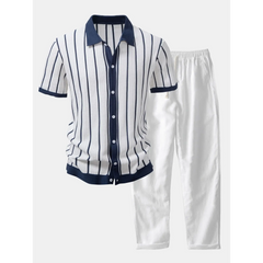 White and navy striped shirt with matching pants on a white background
