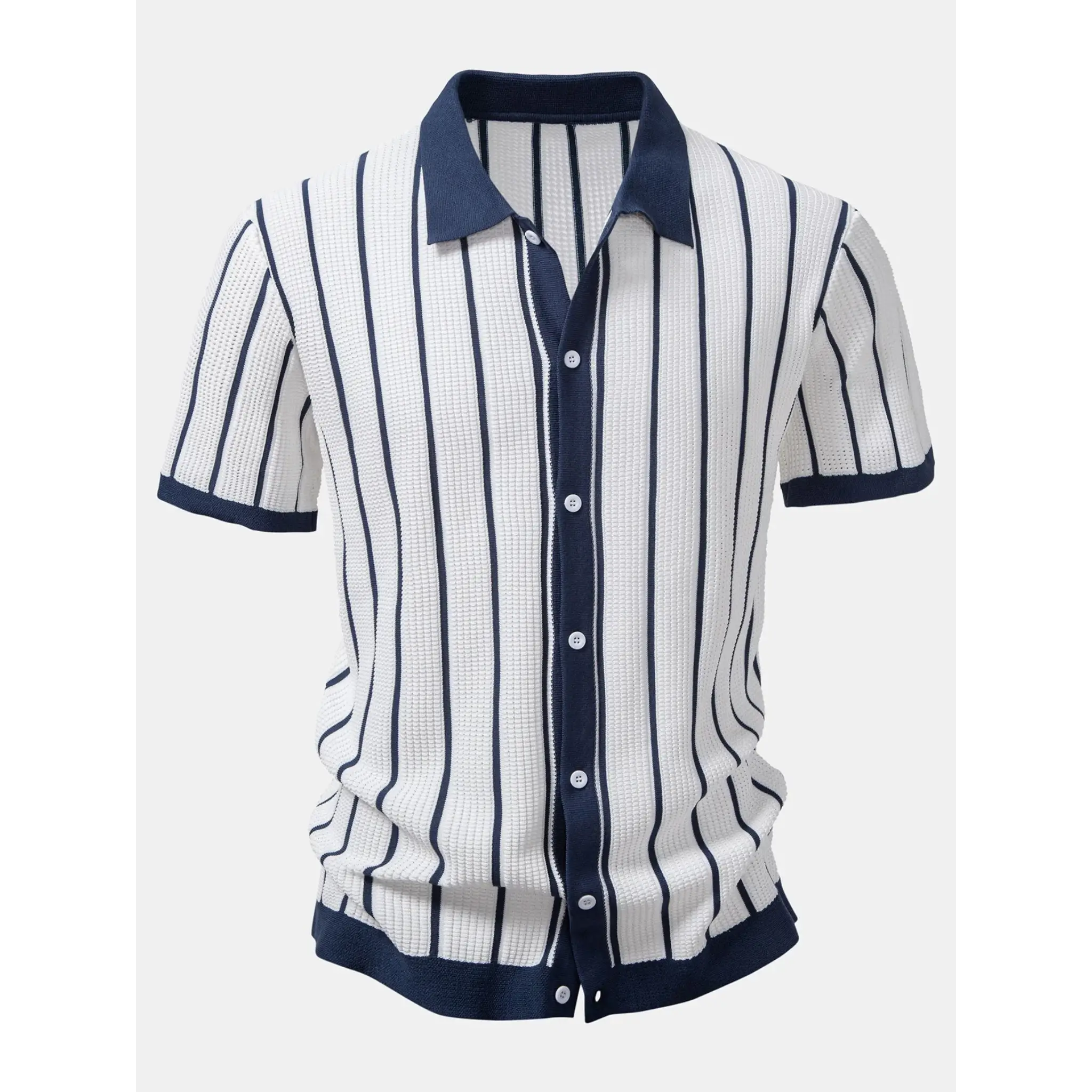 White and navy striped shirt with short sleeves on a white background