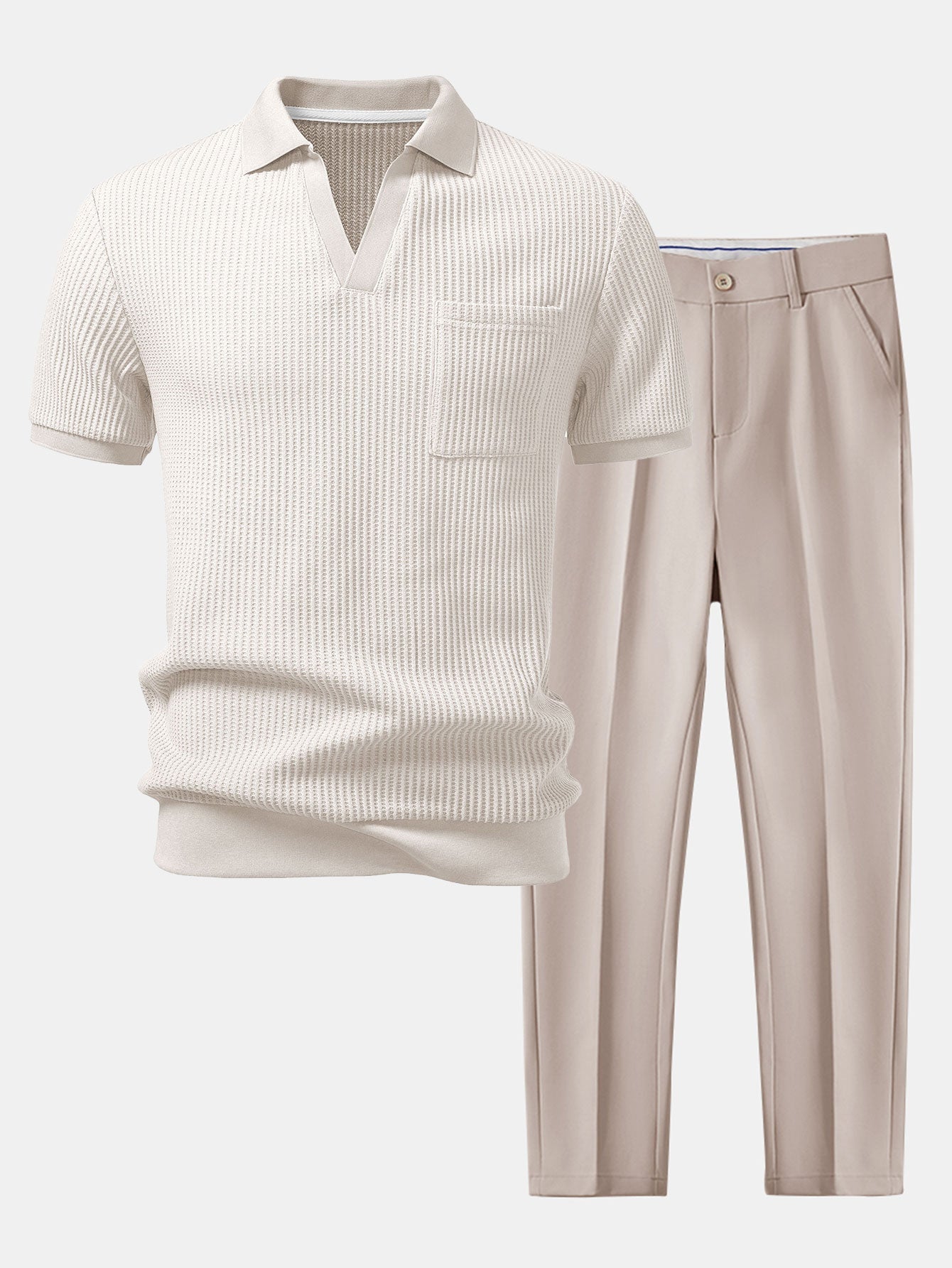 White ribbed polo shirt and beige pants on a white background