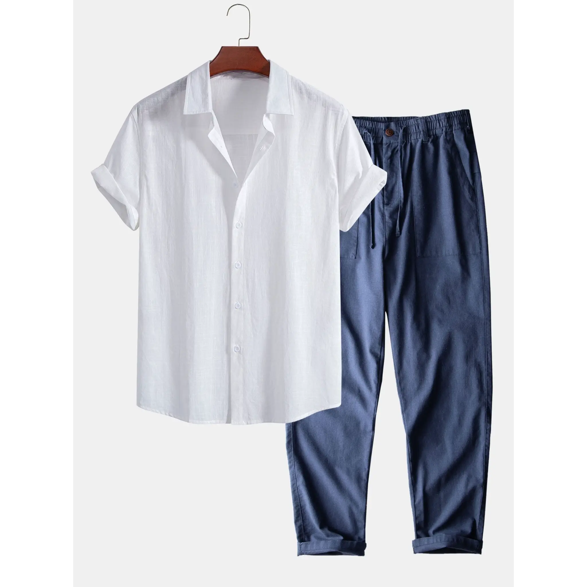 White shirt and blue pants on a white background