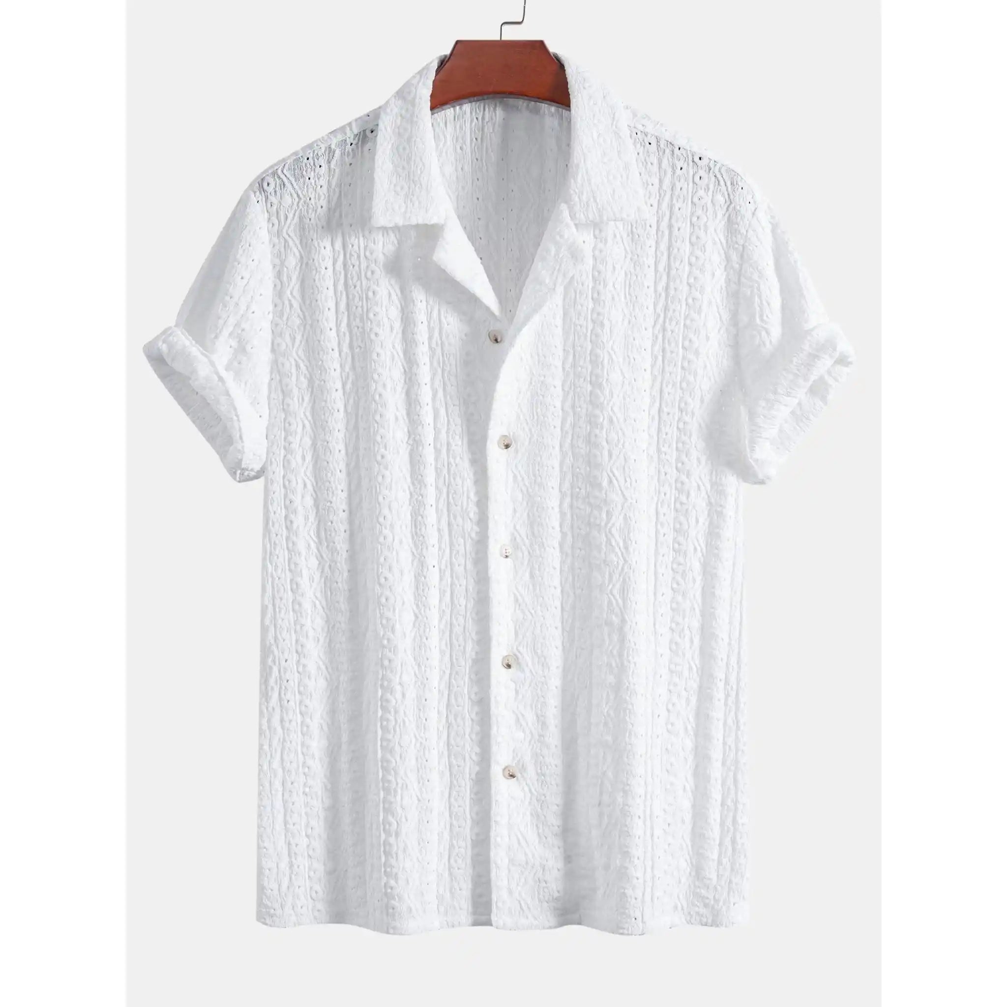 White short-sleeve shirt on a hanger with a white background