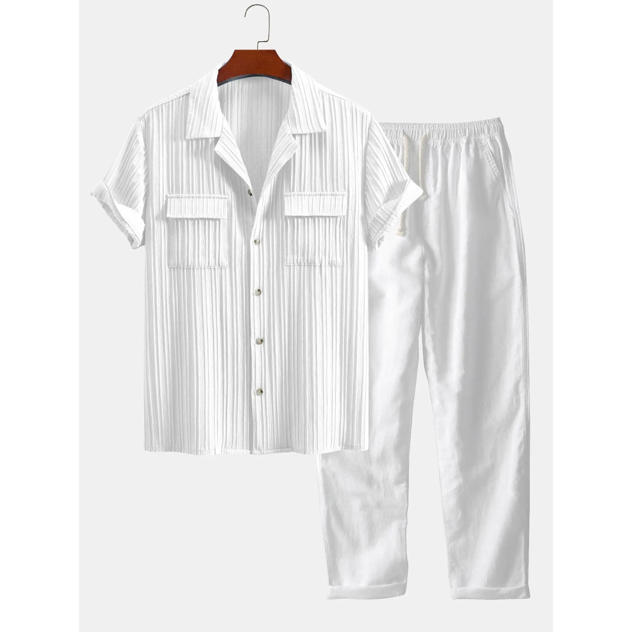 White striped shirt and pants set on a hanger against a white background