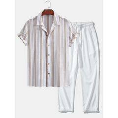 Striped Mesh Cuban Shirt & Wrinkle Textured Straight Leg Pants - 2 Piece Smart Casual Outfit