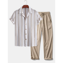 Striped Mesh Cuban Shirt & Wrinkle Textured Straight Leg Pants - 2 Piece Smart Casual Outfit