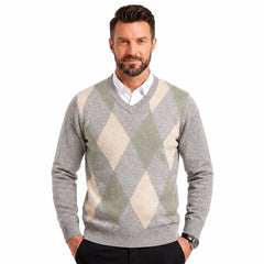 V-Neck Argyle Knitted Wool Sweater | Slim Fit Winter Pullover
