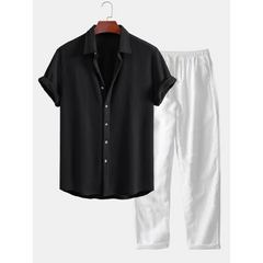 Waffle Button Up Shirt & Straight Leg Linen Pants - 2 Piece Summer Outfit