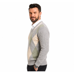 V-Neck Argyle Knitted Wool Sweater | Slim Fit Winter Pullover