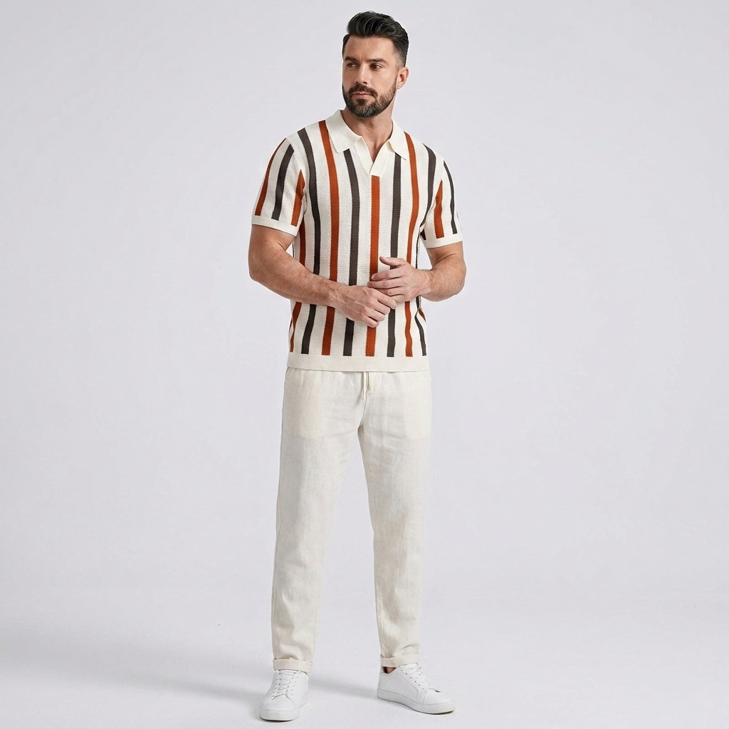 Striped Knit Johnny Collar Polo & Straight Leg Linen Pants - 2 Piece Smart Casual Outfit