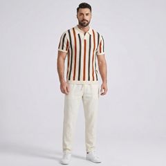 Striped Knit Johnny Collar Polo & Straight Leg Linen Pants - 2 Piece Smart Casual Outfit